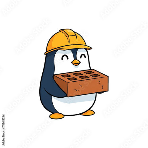 Adorable cartoon penguin wearing yellow hard hat holding a building brick