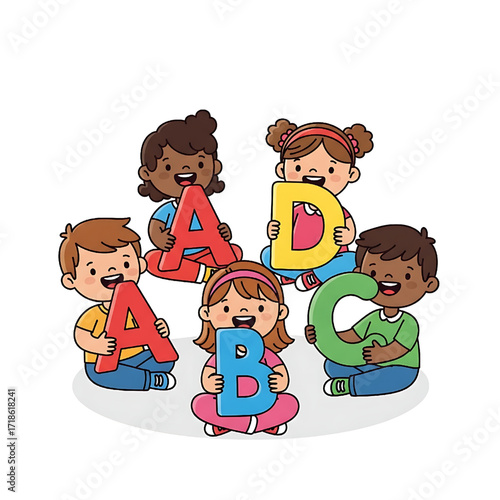 Diverse Happy Kids Learning Alphabet Letters Early Childhood Education