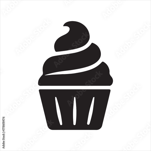 Simple Cupcake Silhouette Icon for Bakery Designs and Sweet Treat Promotions Vector Graphic with Swirled Frosting and Minimalist Cake Base on White Background Ideal for Food Blogs and Dessert Shops