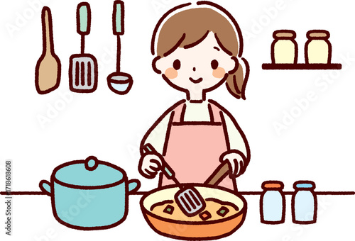 若い女性がキッチンで料理しているかわいい手描きベクターイラスト