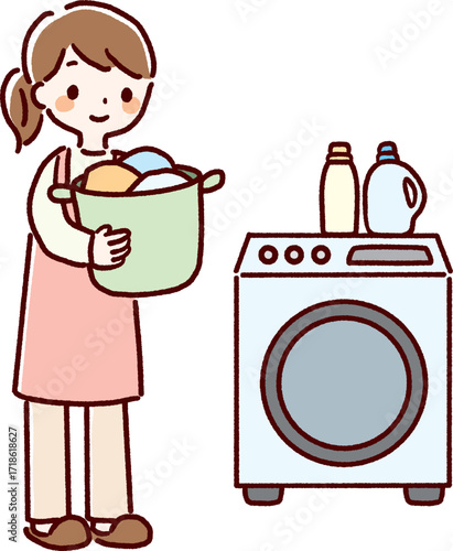 若い女性が洗濯機で洗濯しているベクターイラスト