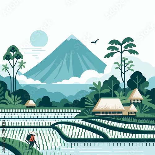 vector illustration of rice fields and mountains