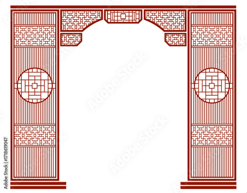 Vector Illustration of Traditional Chinese Wooden Door Frame with Classic Lattice Patterns, Oriental Archway Design, Feng Shui Inspired Architecture for Decoration and Interior Design Elements