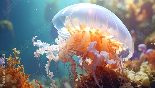 Fototapeta Naklejka Na Ścianę i Meble -  Beautiful jellyfish in underwater coral reef