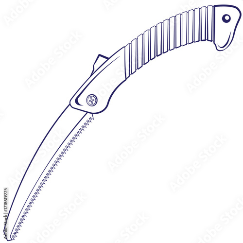 Hand Drawn Vector of Portable Folding Hand Saw Tool with Sharp Teeth Blade and Anti Slip Grip Handle for Forestry, Carpentry, Bushcraft, Survival Gear, and Landscaping Equipment