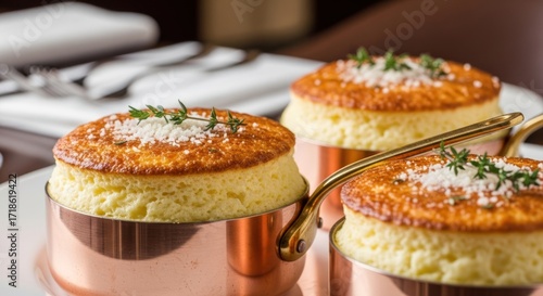 Elegant trio of savory cheese souffles baked in copper pots.