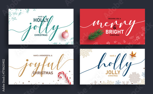 Christmas greeting calligraphy card clipart poster set. Christmas greeting font, text and typography clip art with joyful, holly, jolly, merry and bright clip art collection for holiday season banner 