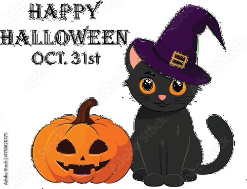 Happy Halloween greeting with a cute black cat wearing a witch hat and a carved pumpkin ready for spooky celebrations