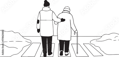 Minimalist illustration of a volunteer helping an elderly person cross a snowy street.