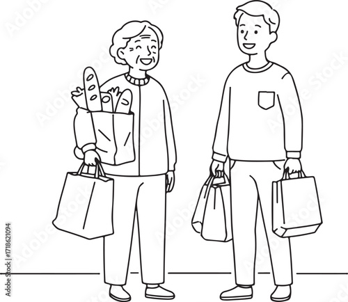 Two happy people, a young man and an elderly woman, holding shopping bags