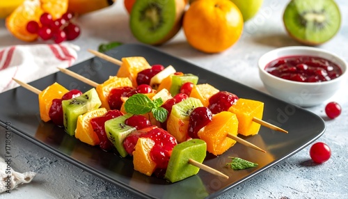 Colorful fruit skewers with sweet sauce