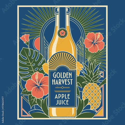 A stylized illustration of a bottle of Golden Harvest apple juice, surrounded by tropical foliage and flowers.