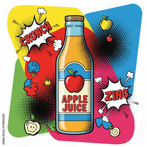A vibrant illustration of a bottle of apple juice, surrounded by comic-style elements and apples.