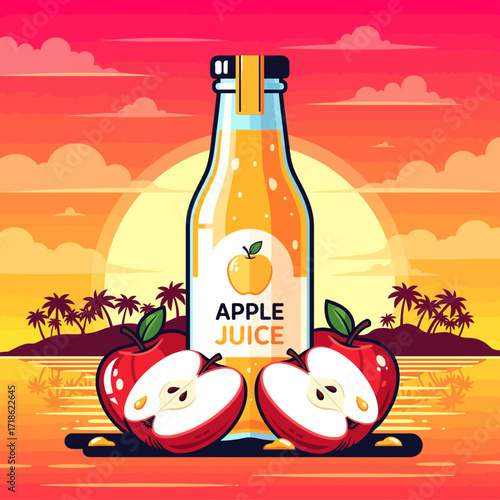 Apple juice bottle with two halved apples in front of a tropical sunset beach scene.