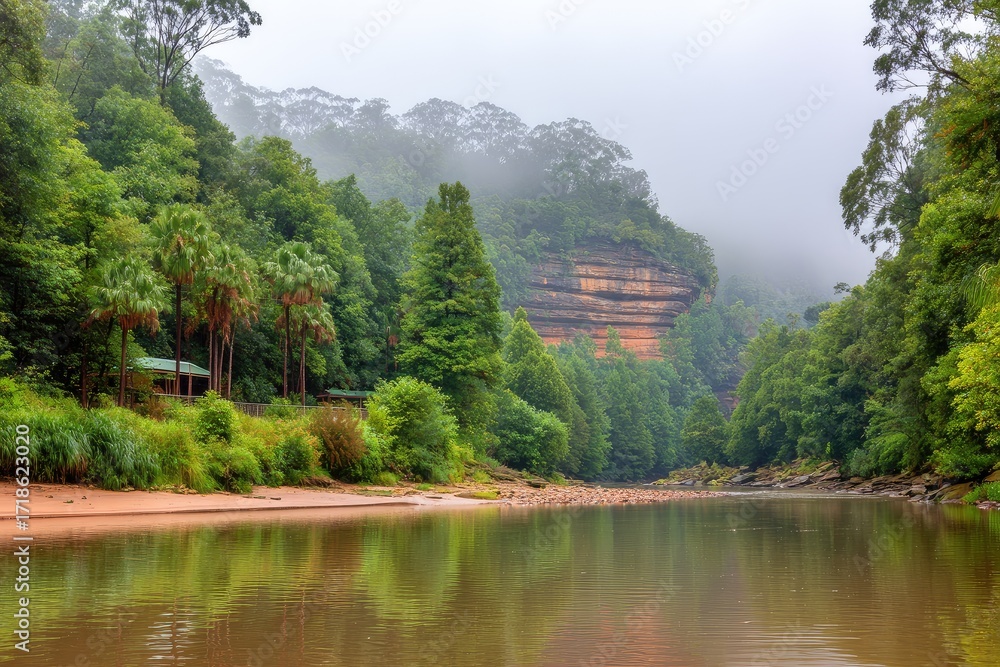 Fototapeta premium Misty river valley with lush greenery and sandstone cliffs