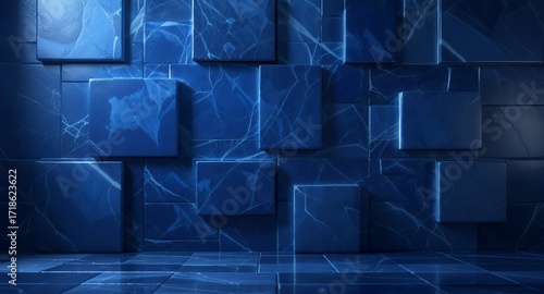 Abstract Blue Marble Cube Wall Background Texture, 3D Render, Modern Design, Interior Design, Geometric Pattern, Cool Tones, Studio Backdrop