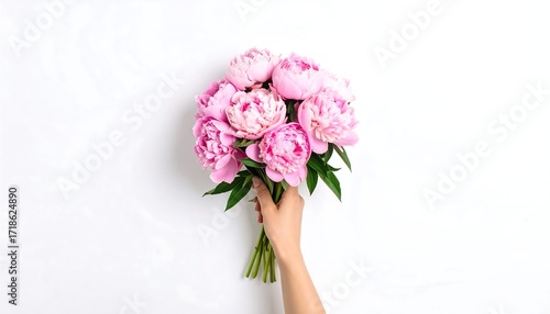 Fototapeta Naklejka Na Ścianę i Meble -  A hand holds a bouquet of pale pink peonies