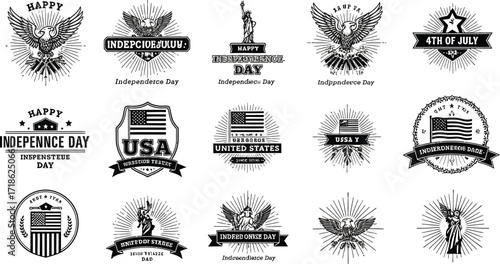 Celebrate freedom with these dynamic patriotic emblems featuring eagles, the Statue of Liberty, and the American flag for festive occasions