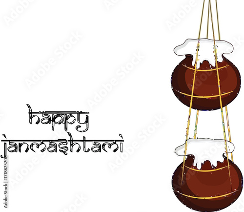 Happy Janmashtami celebration featuring two pots of dahi hung with elegant ropes, vibrant design