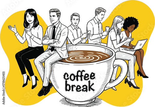 Diverse professionals enjoying coffee break, collaborating & working with laptops & phones in modern style