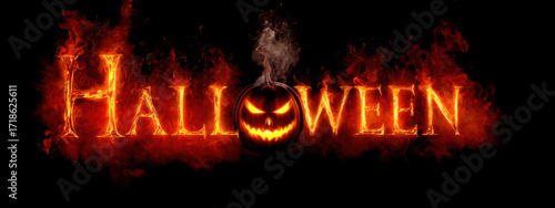 Halloween text graphic with fire and smoke effects.