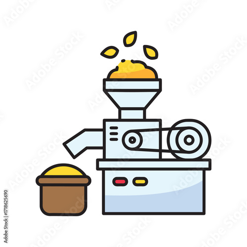 Grain processing machine with funnel and collected product.