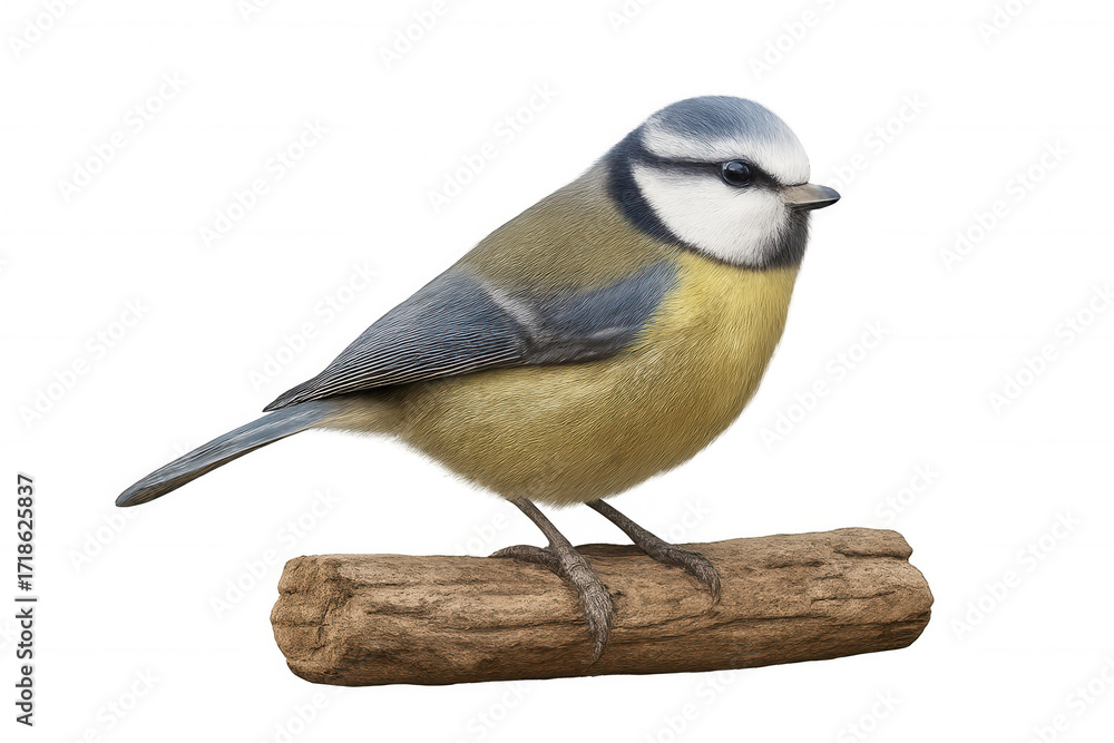 Obraz premium Blue tit bird perching on a wooden stick, vibrant colors and detailed feathers, isolated on transparent background