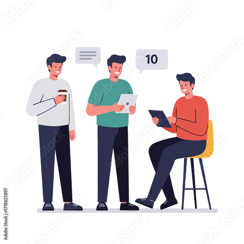 Group of Men Discussing Ideas with Tablets and Coffee in a Meeting