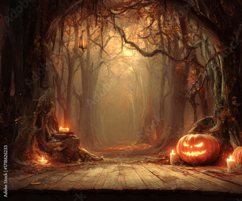 Spooky Halloween forest scene with a glowing jack-o'-lantern, flickering candles, and ancient trees under an eerie light.
