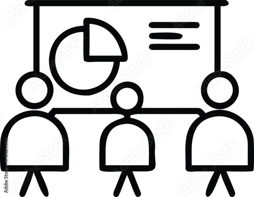 Three people watching a pie chart and bullet points on a presentation screen meeting audience