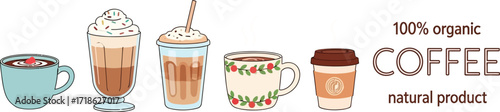 Delicious coffee drinks collection with 100% organic branding, perfect for cafe menus and advertising