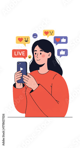Woman with smartphone streaming live, surrounded by floating social reaction emojis. Modern illustration of digital content, online communication, and virtual engagement