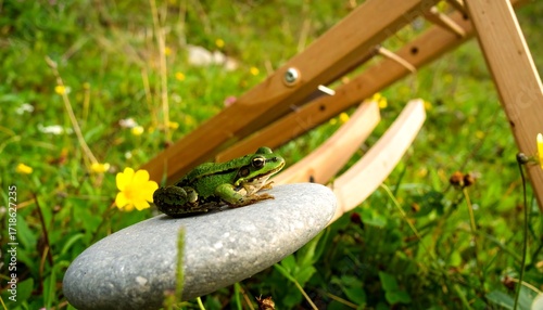 Fototapeta Naklejka Na Ścianę i Meble -  Frog on a stone in meadow