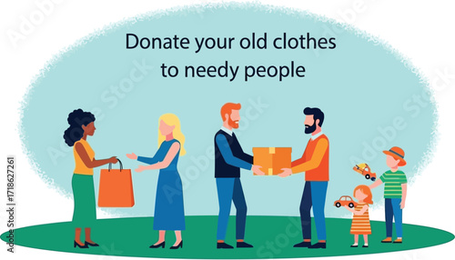 People donating clothes to charity, helping families with children in a community setting