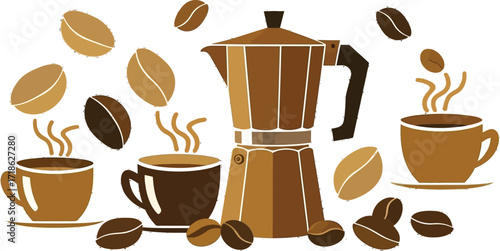Enjoy fresh aromatic coffee with a stylish moka pot, espresso cups, and coffee beans