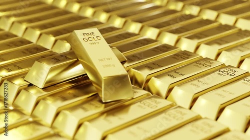 Close-up 3D animation view of fine gold bars. Loopable seamless video. 4k animation
