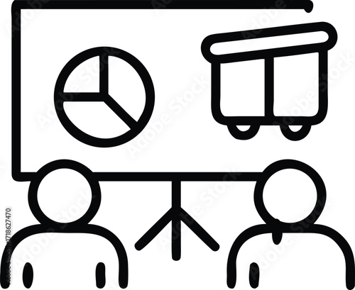 Two people watching a pie chart and a table on a presentation screen meeting audience