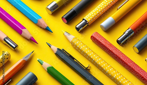 Colorful writing instruments arranged on a yellow background