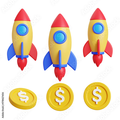 3D rockets launch from gold coins on black, symbolizing financial growth and investment