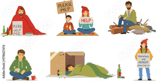 People experiencing homelessness seeking help with signs, representing poverty and social issues