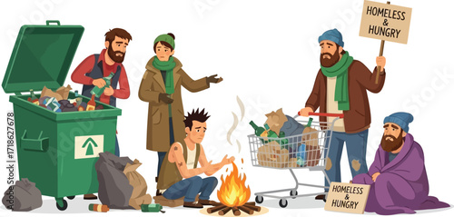 Homeless people struggling with poverty, searching for food and warmth, social issues concept