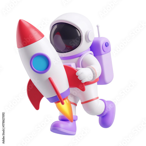 Astronaut with rocket running against black background. Symbolizes space exploration, education, and future concepts