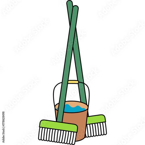 Bucket, mop, and broom, essential tools for cleaning and housekeeping illustrations.