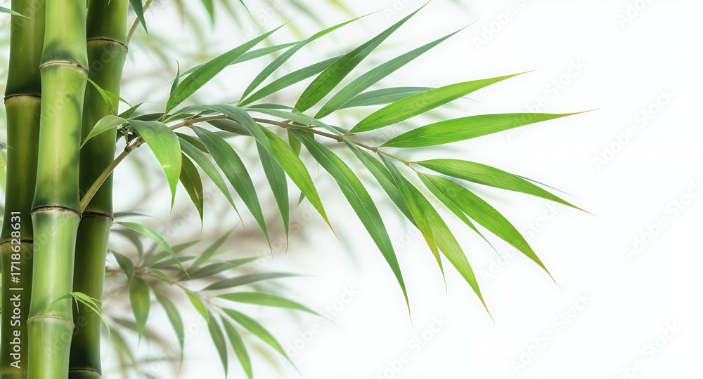 Naklejka premium Close-up of vibrant green bamboo stalks and leaves against a bright background, ideal for nature, tranquility, and spa themes