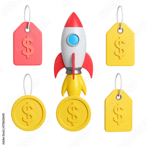 Rocket launching with price tags and coins symbolizing financial growth and success on black background