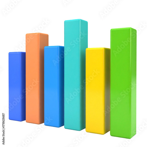 Colorful 3D bar chart showing rising trends on a transparent background, for financial reports
