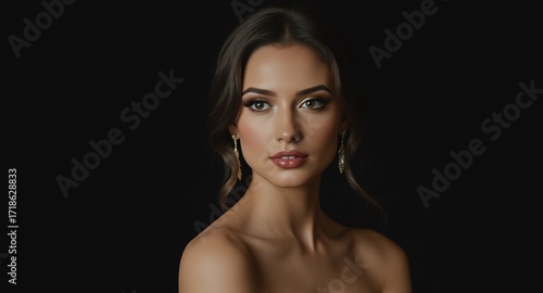 Close-up portrait of a woman with elegant makeup and jewelry, on black background
