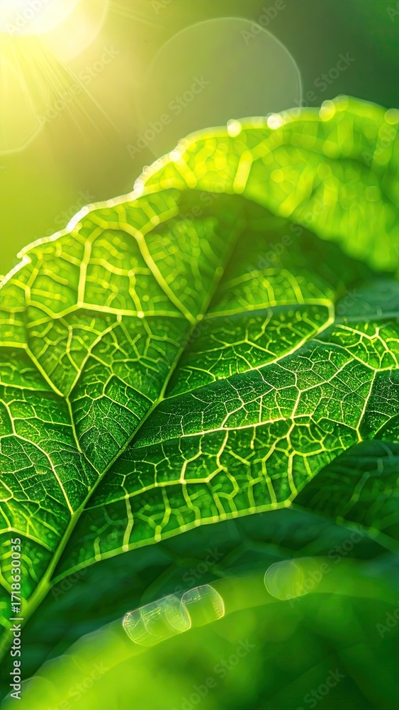 Obraz premium Close Up of Green Leaf with Detailed Veins and Dew Droplets in Bright Sunlight Vertical Composition