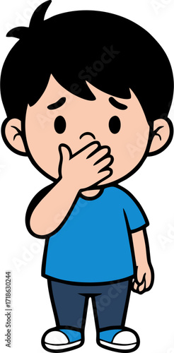 Cartoon Boy with Black Hair Covering Mouth in Blue Shirt and Pants