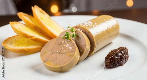 Gourmet foie gras terrine sliced and served with toasted brioche and fig jam on a white plate.